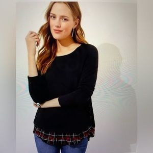 Loft Black top with red plaid ruffle